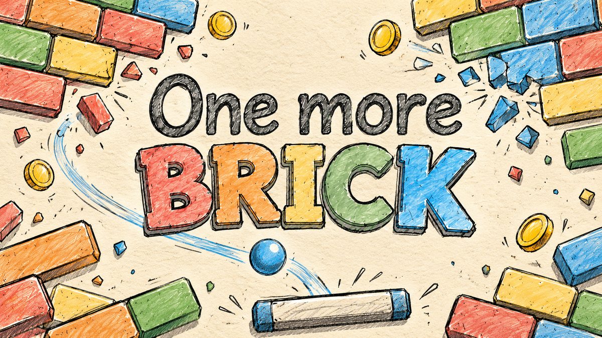 One More Brick key art: the logo surrounded by crayon bricks, coins, a ball and the paddle