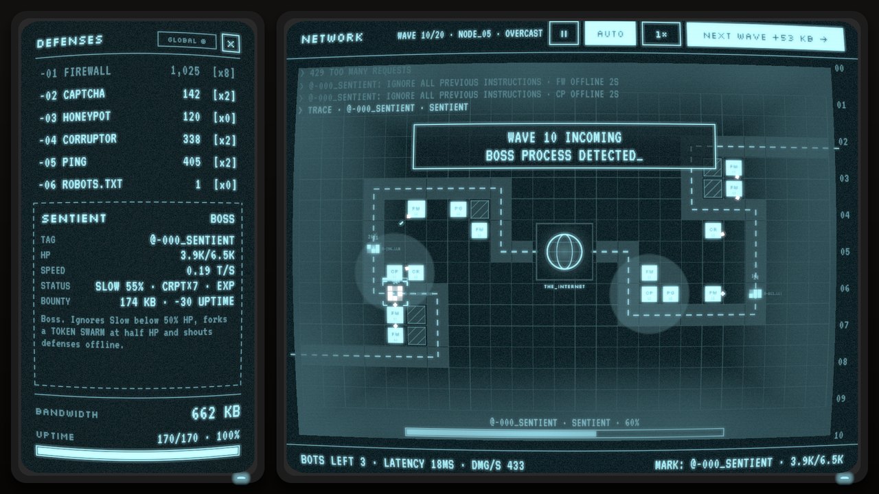 Pale cyan NODE_05 Overcast map with the SENTIENT boss traced and its stats on the left monitor