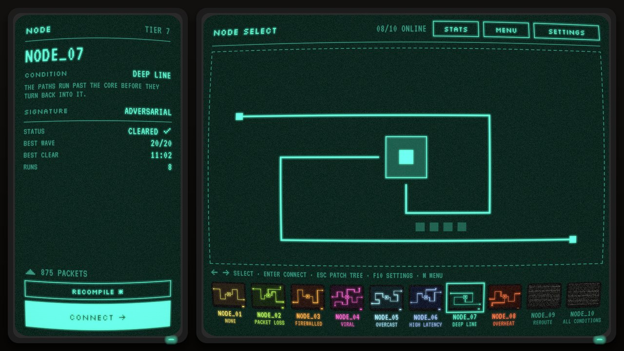 Node select screen with ten network monitors and NODE_07 Deep Line highlighted