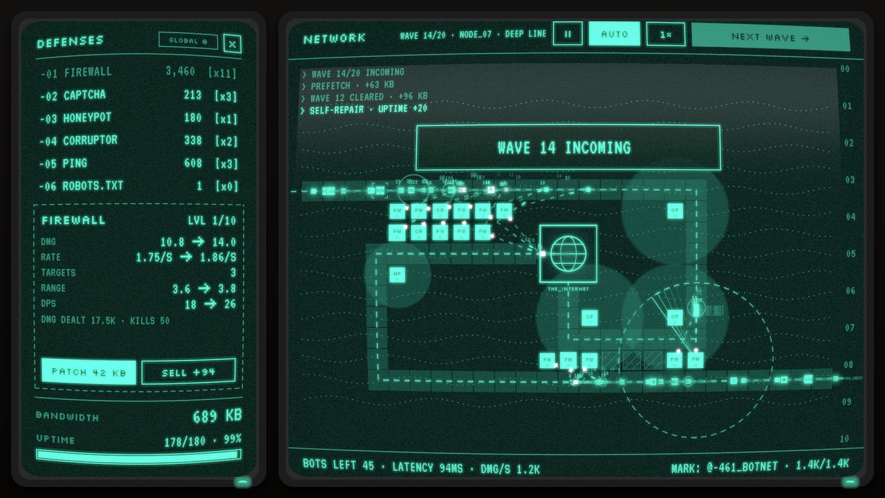 Teal NODE_07 Deep Line map at wave 14 with a levelled defense grid