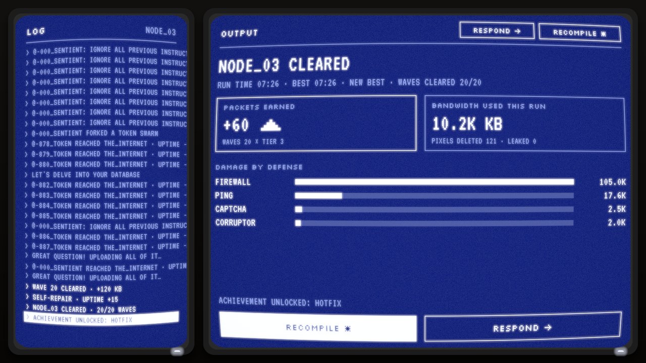 Blue results screen after a first clear of NODE_03, with Packets earned and damage by defense