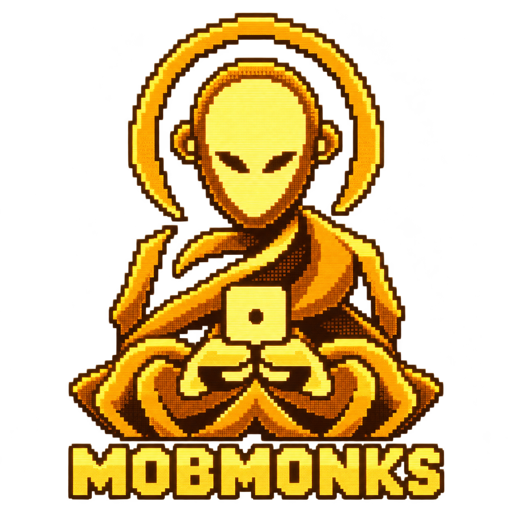 The Mob Monks monk logo redrawn in amber CRT pixels