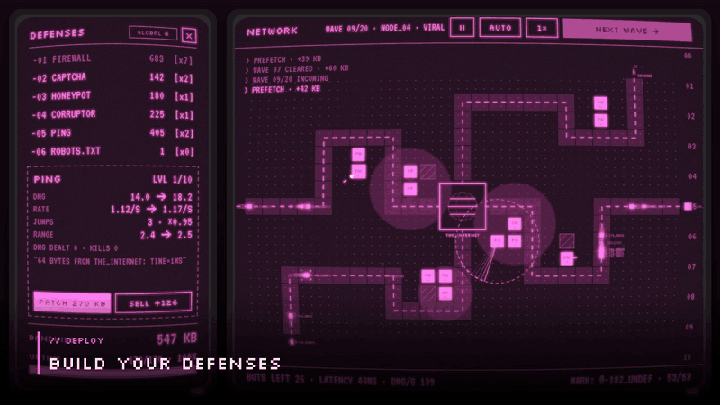 Build your defenses: Ping and Firewalls hold a magenta Viral network as pixels stream toward THE_INTERNET