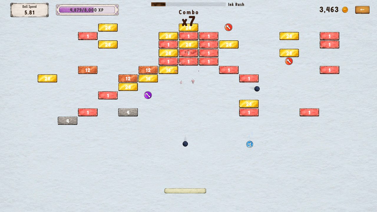 Gameplay: a combo of x7 as bricks break on the sketchbook page
