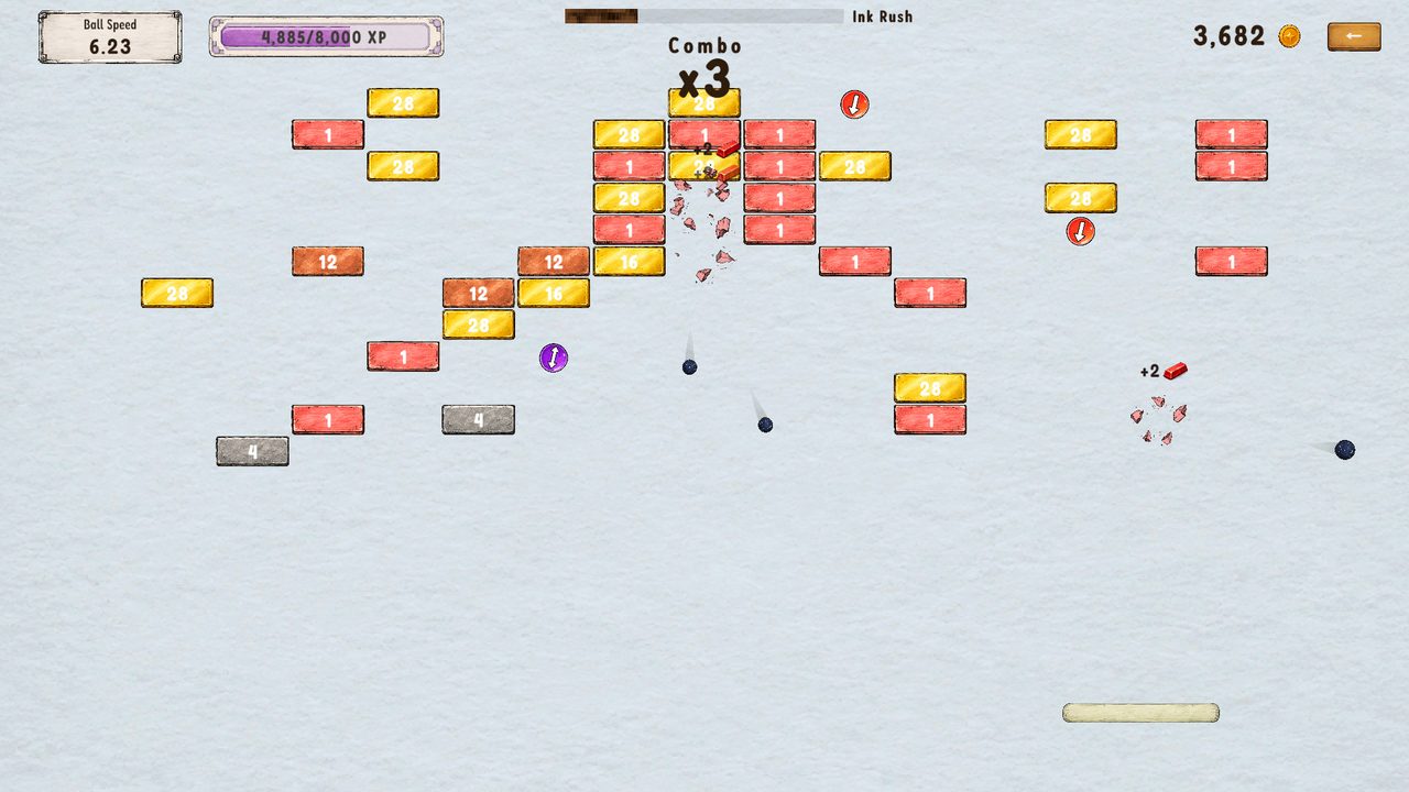 Gameplay: several balls breaking gold and red bricks with a x3 combo