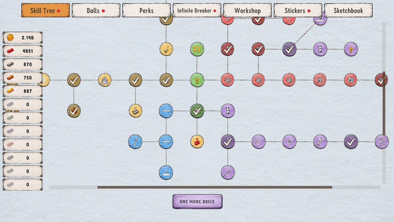 The skill tree with purchased nodes ticked off