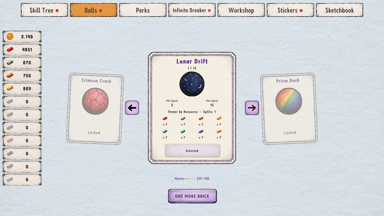 The ball collection screen showing Lunar Drift between locked balls