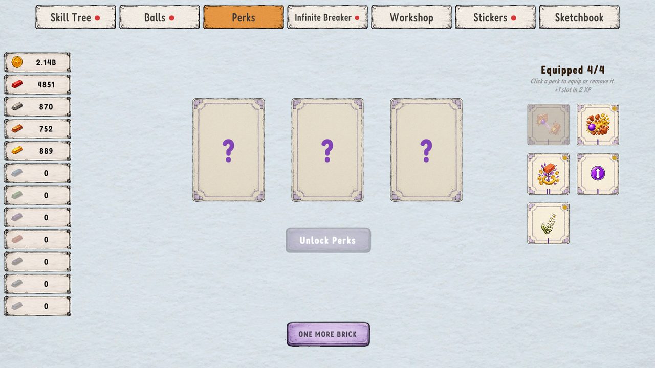 Three face-down perk cards beside an equipped perk loadout