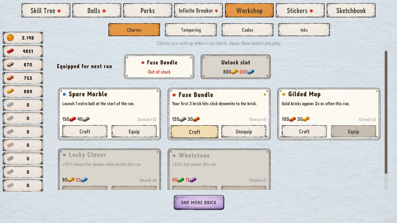 The Workshop charms page with Spare Marble, Fuse Bundle and Gilded Map