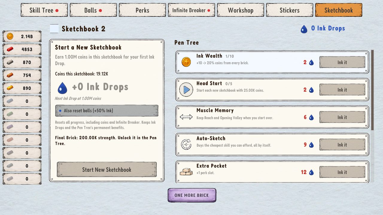 The Sketchbook tab with the Ink Drops reset and Pen Tree upgrades