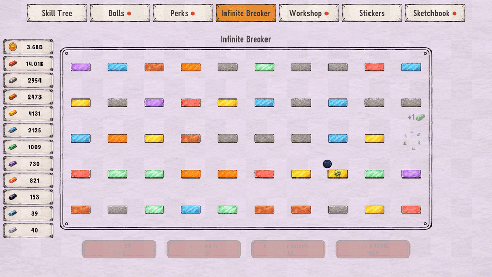 The Infinite Breaker at full speed: All eight core brick materials, 50 bricks and maxed respawn